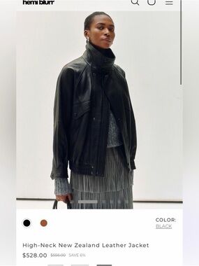 High-Neck Leather Bomber Jacket - Black
